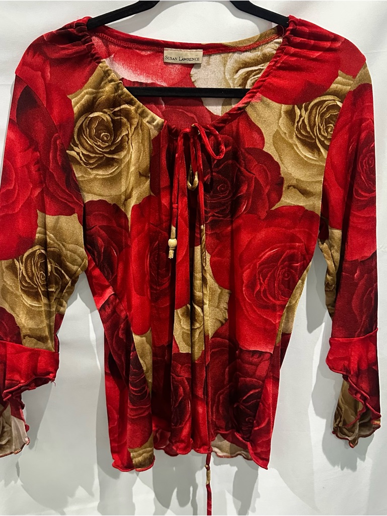 Vintage Y2k Rose Print Tie Front Top